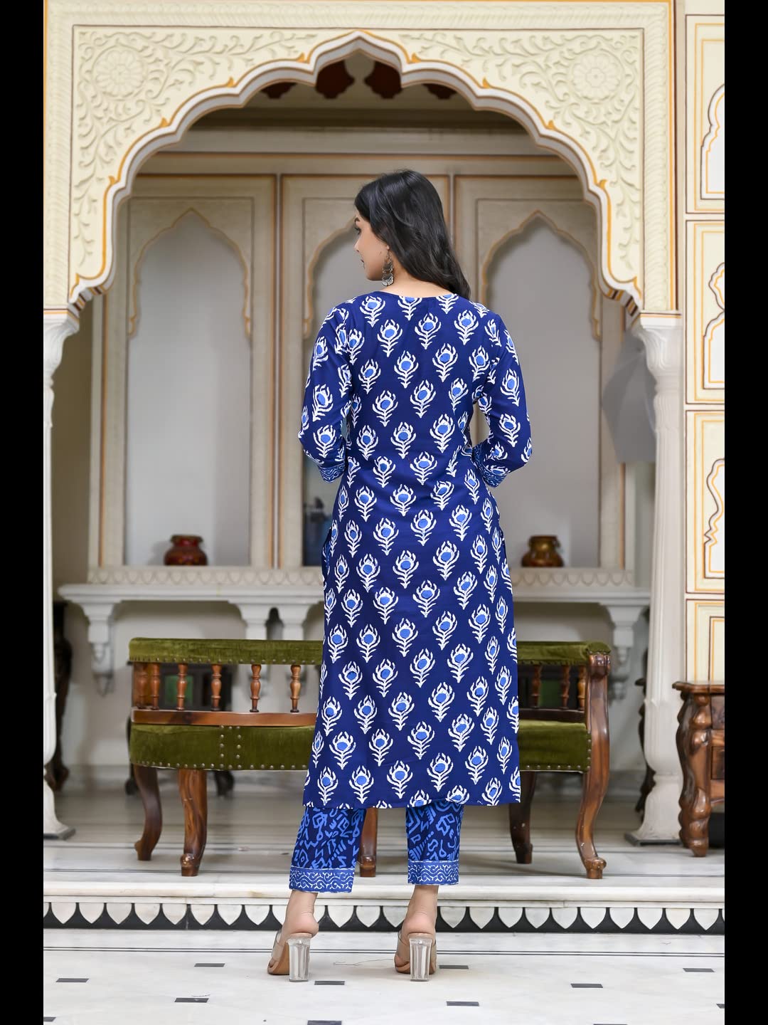 Gosriki Women'S Cotton Blend Floral Printed Straight Kurta With Pants & With Dupatta (Bulgeriya Blue-Nw-Cmd-Gs_L_Blue_Large),Blue,,B0C6GYVZH9