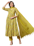 Anni Designer Women'S Rayon Viscose Printed Anarkali Kurta With Pant & Dupatta (Horizon Green-Vks01_L_Green_Large),Green,L