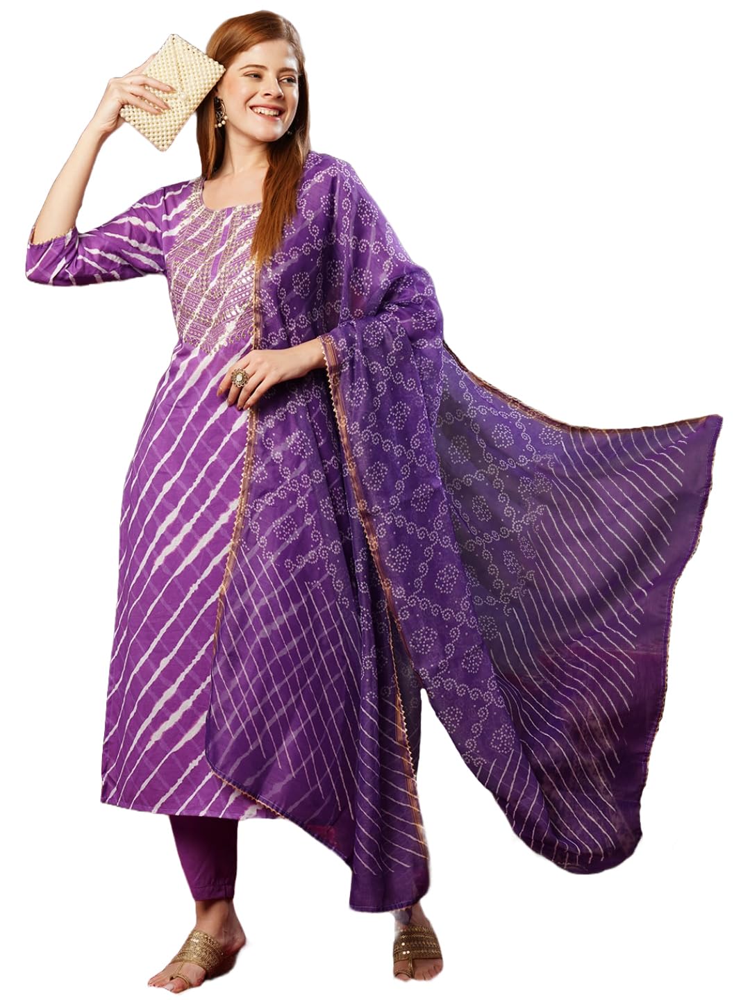 Gosriki Women'S Cotton Blend Straight Printed Kurta With Pant & Dupatta (Doremi Purple-Jl-Gs_M_Purple_Medium),Purple,,B0D73YMD27