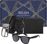 Leather Belt, Sunglass, Wallet & Watch Combo (Black) | Black Sunglass For Men | Elegant Gift Set For Boyfriend, Husband, Father 