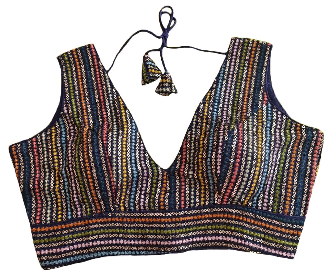 Vihu Fashion Women's Sleeveless Readymade sabyasachi Pattern V Neck Blouse Embroidery Work with Sequence Blouse Indian Ethnic we