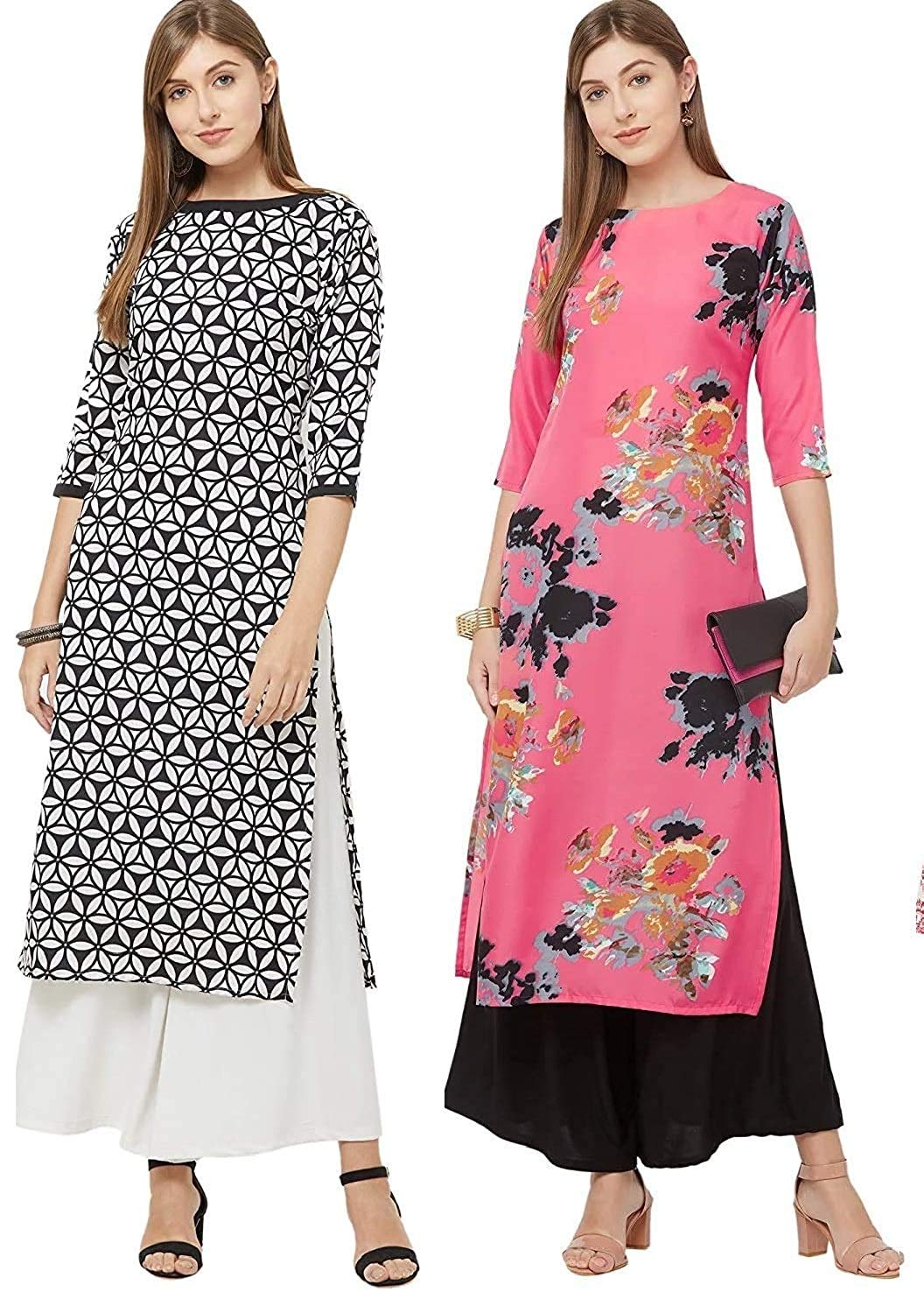 Gosriki Women'S Multicolor Printed Straight Kurta Pack Of 02(Black-Chakri & Dabba-Pink_Xxl),Multicolores,2,B08GX6FZ19