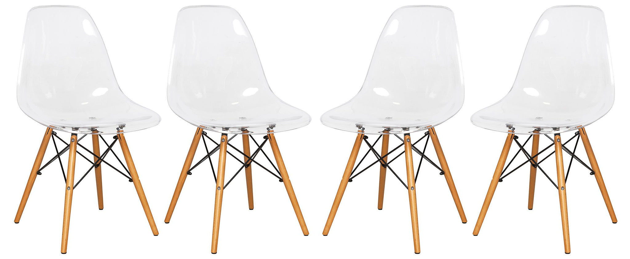 Leisuremod Dover Plastic Molded Dining Side Chair With Wood Dowel Legs, Set Of 4 (Clear)