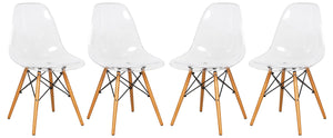 Leisuremod Dover Plastic Molded Dining Side Chair With Wood Dowel Legs, Set Of 4 (Clear)
