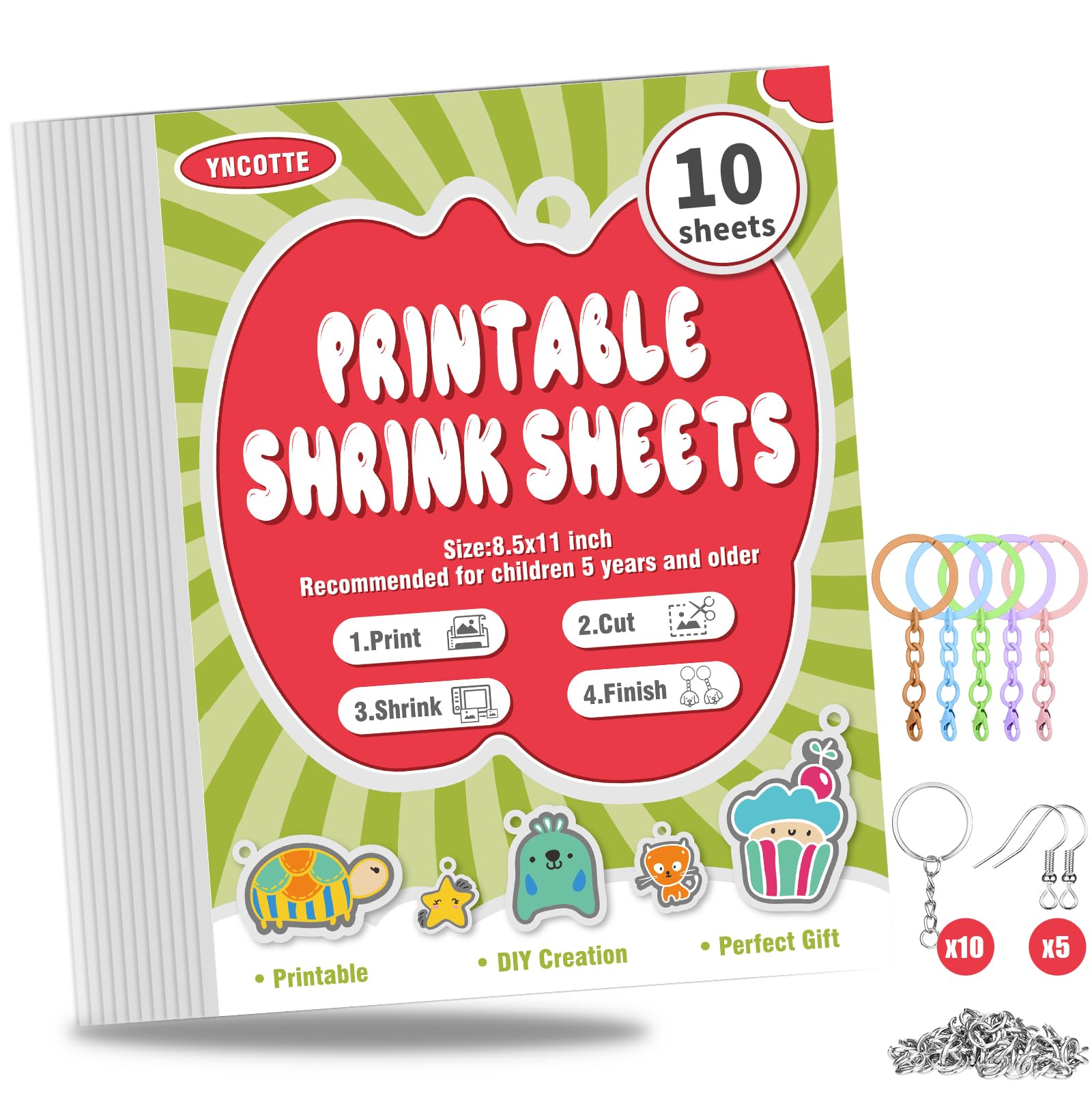 10 Pcs Printable Shrinky Dink Sheets, Safe Environmentally Printable Shrink Plastic Sheet Films Shrink Paper Set with Key Rings,