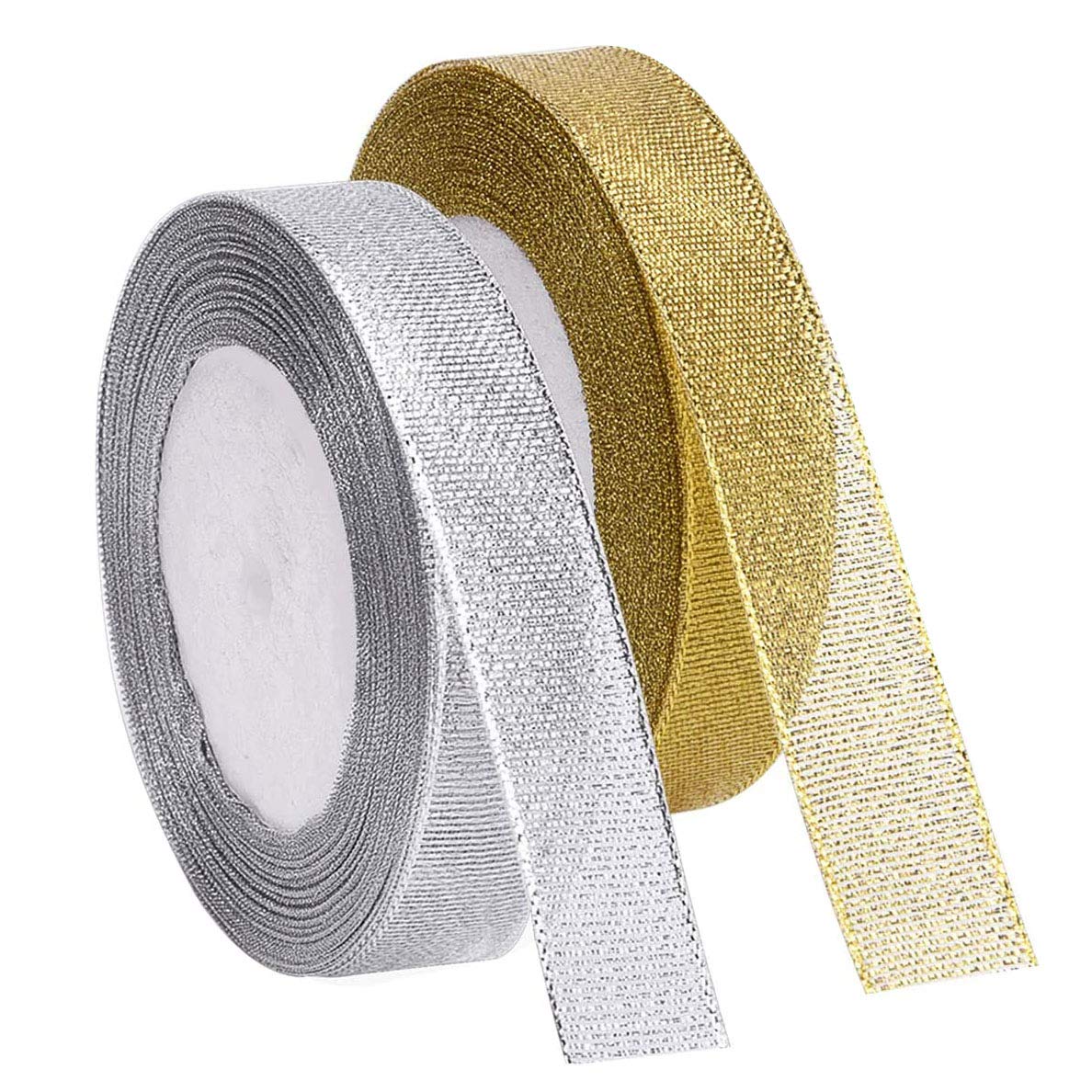 YAKA 2 Rolls 4/5 Inch 50 Yards Polyester Yarn Metallic Glitter Ribbon for Holiday Wedding Birthday Party Decoration Gift Wrappin