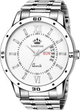 Day And Date Functioning Steel Strap New Quartz Analog Watch For Men Classic Design Men'S Wrist Watches (White)