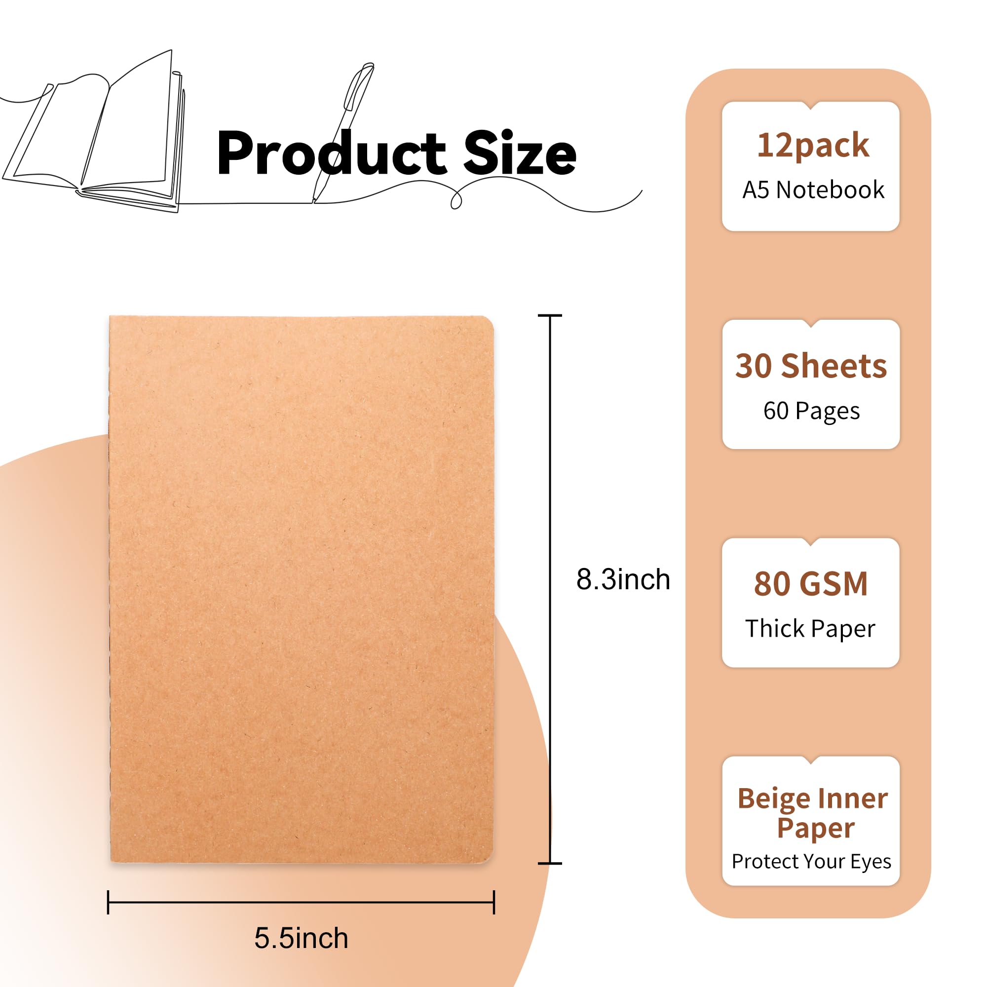 12 Pack Blank Kraft Notebooks, 8.3x5.5 Inches A5 Small Journals Bulk Blank Notebooks 80 GSM Unlined with 60 Pages A5 Subject Not