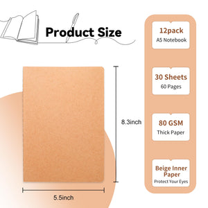 12 Pack Blank Kraft Notebooks, 8.3x5.5 Inches A5 Small Journals Bulk Blank Notebooks 80 GSM Unlined with 60 Pages A5 Subject Not