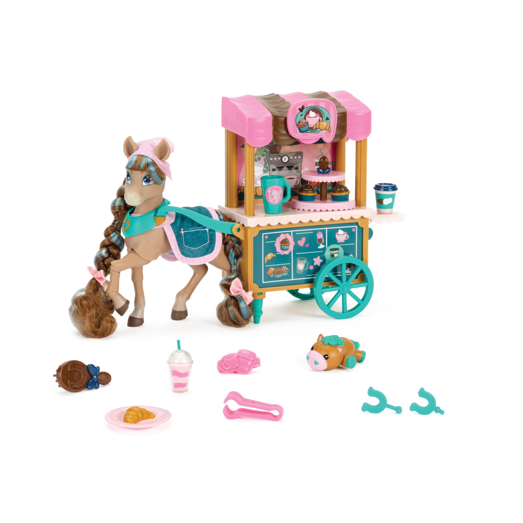 Wild Manes Horse Toys Cocoas Bakery Caf  Cart Playset with Cocoa Horse Doll Figure, Includes Brush and Play Accessories