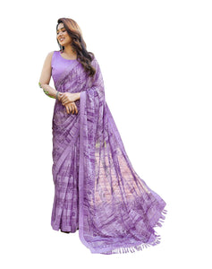 Yashika Women'S Saree Weightless Georgette Saree Satin Printed Saree Hot Fix Swarovski Lace Saree Saree With Tassels Unstitched Blouse Material Saree (Az-Ys-New-P1-Rehana Violet)