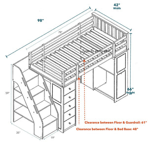 Acme Freya Solid Wood Storage Loft Bed With Bookshelf Ladder In White