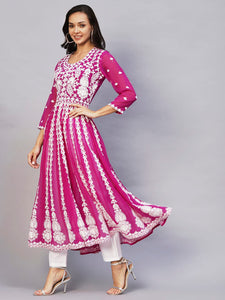 Gosriki Women'S Georgette Chikankari Embroidered Anarkali Kurti (Kari Pink-Gs_L_Dark Pink_Large),Pink,,B0C5RXFKBX