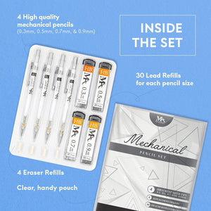 MozArt Mechanical Pencil Set with Case - 4 Sizes: 0.3, 0.5, 0.7 & 0.9mm with 30 HB Lead Refills Each & 4 Eraser Refills -Sketch,