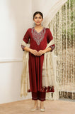 W For Woman Red Embellished Blend Kurta Dupatta Bottomwear Set Red Xl
