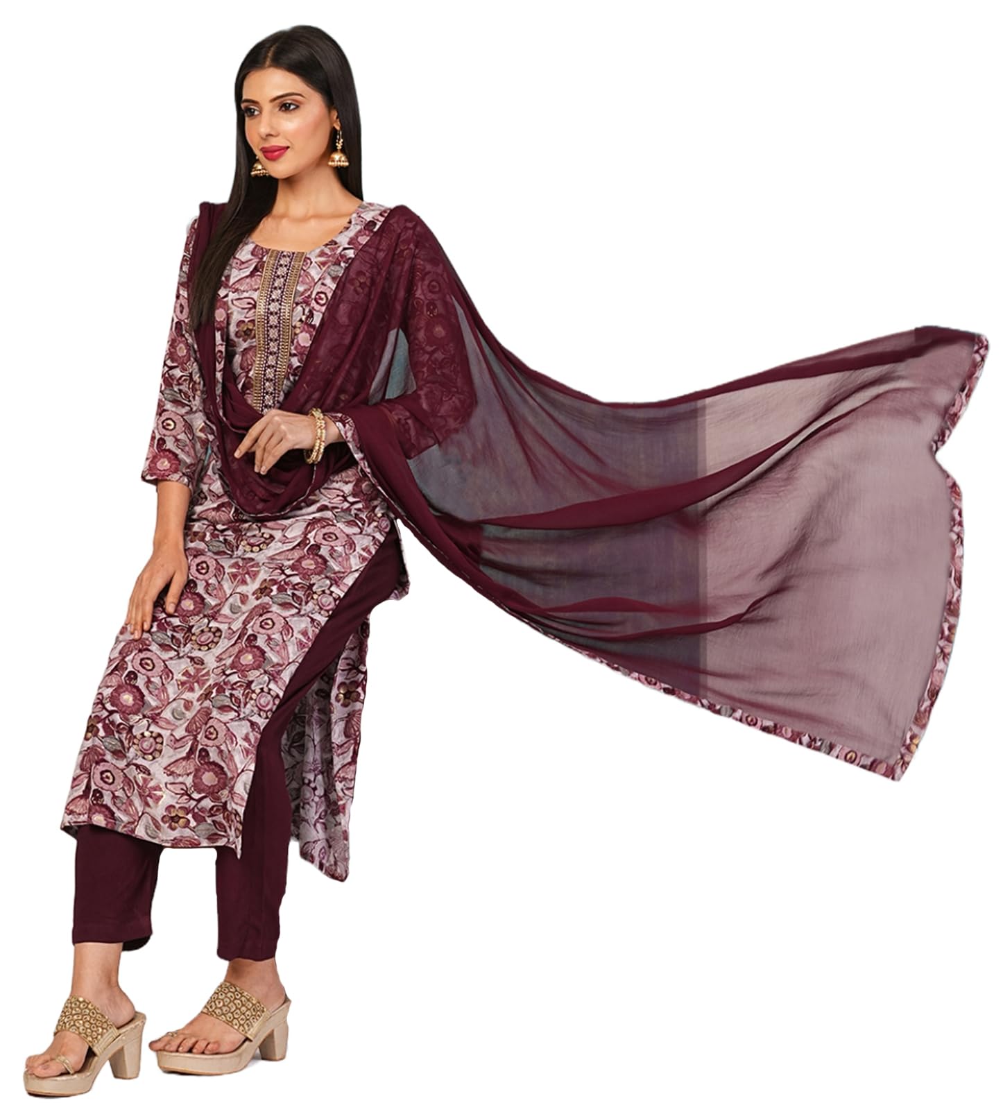 Anni Designer Women'S Cotton Blend Straight Printed Kurta With Pant & Dupatta (Ramna Wine_Xxl_Wine_Xx-Large),Wine,2XL