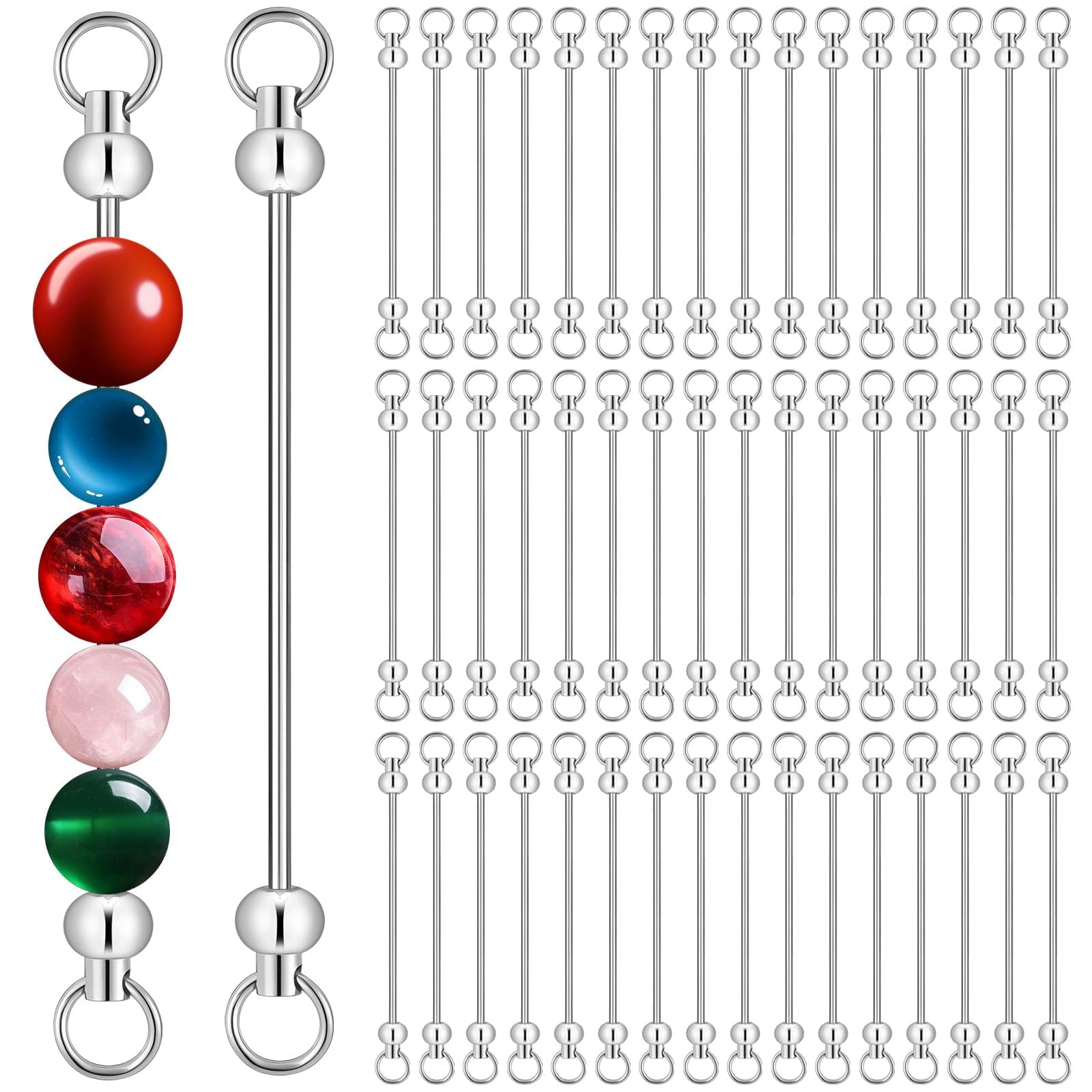 50pcs Beadable Keychains DIY Set, Metal Sliver Blank Keychains Bars Charmful Beaded Keychain Pendant Making Kit, Keychain Making