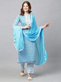 Anni Designer Women'S Cotton Blend Straight Printed Kurta With Pant & Dupatta (Sky Bird New Blue_Xxl_Blue_Xx-Large),Blue,2XL,Cotton Blend,Straight,Kurta, Scarf