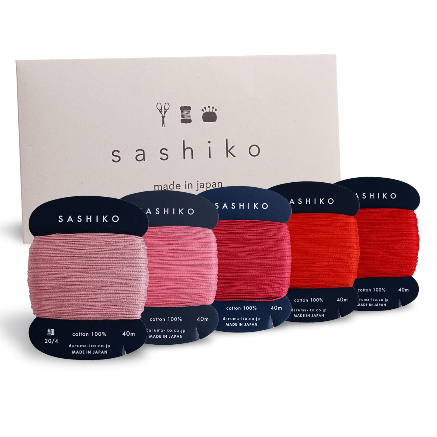 DARUMA Sashiko Thread 100% Cotton Card Type (43.7 yd) x 5 Colors with English Manual, Sewing & Embroidery Value Set with Gift Pa