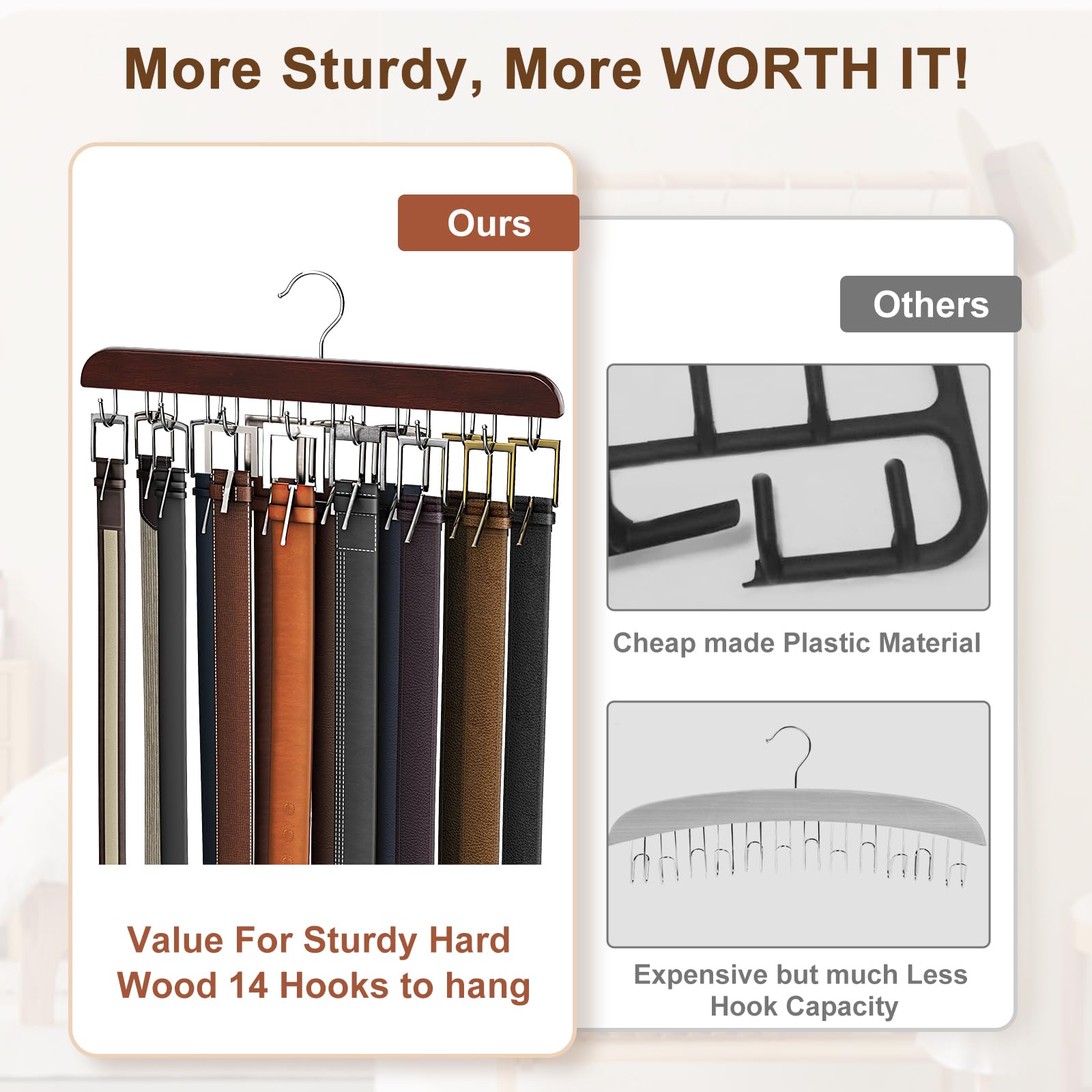 Resovo Belt Hanger for Closet Max 42 Belts, Belt Organizer Closet Accessories with 14 Hooks Belt Rack Sturdy Wood for Closet Org