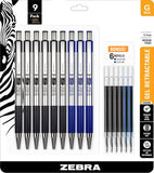 Zebra G301 Gel Stainless Steel 9 Pack w/ 6 Refill Cartridges