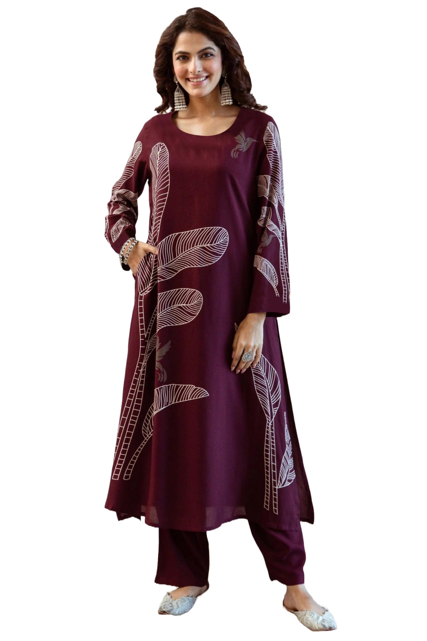 Gosriki Women'S Rayon Blend Straight Printed Kurta With Pant (Kathija Wine-Gs_S_Wine_Small),Wine,,B0DK9N8W4D