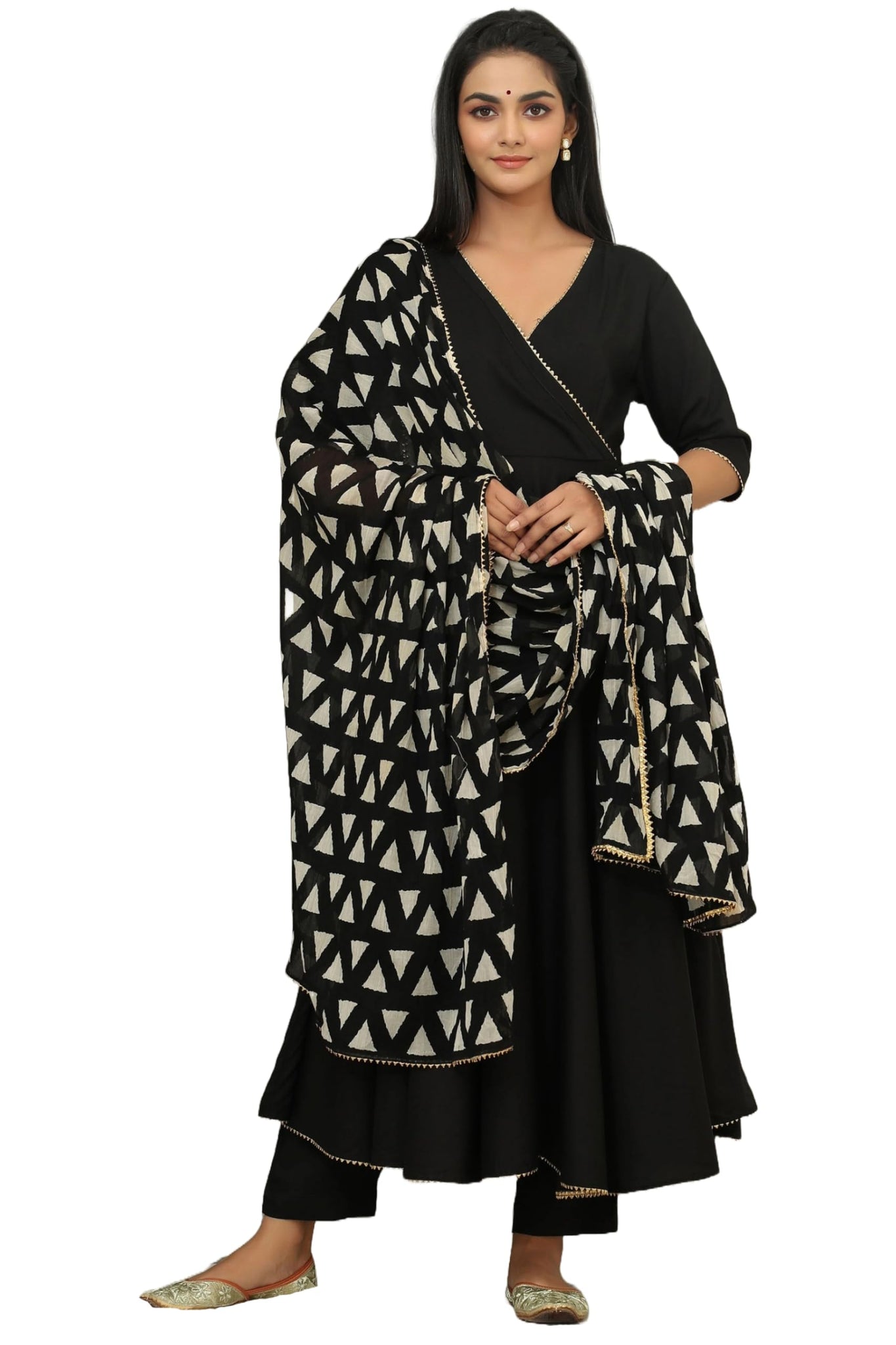 Gosriki Women'S Rayon Blend Anarkali Solid Kurta With Pant & Dupatta (Mita Black-Gs_Xl_Grey_X-Large),Black,,B0DFY1GLQX