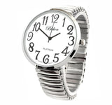 Blekon Collections Silver Super Large White Face Case Size 43mm EXTRA LARGE Stretch Band Japanese Movement PC21J Fashion Watch