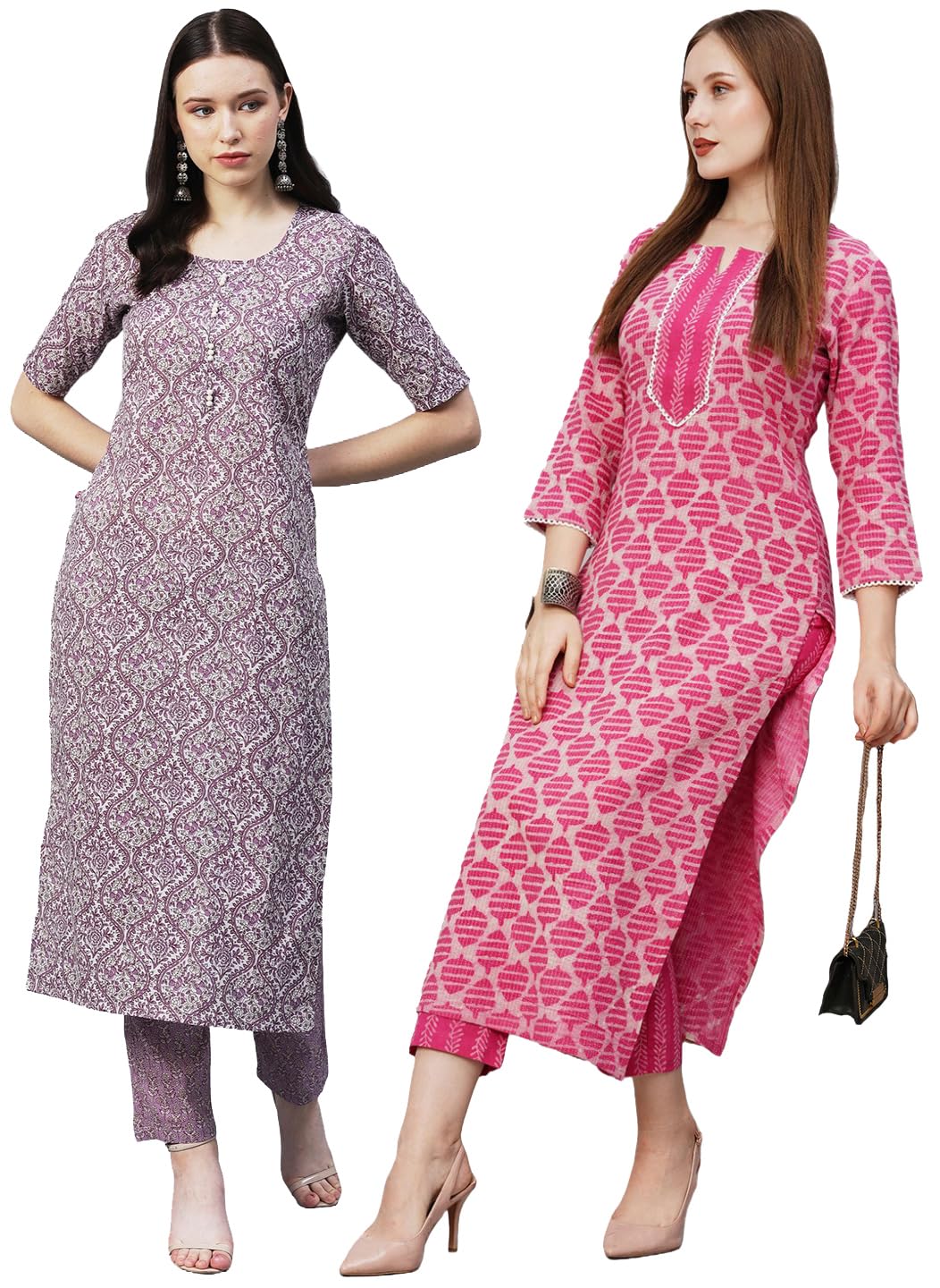 Anni Designer Women'S Cotton Blend Printed Straight Kurta With Pant Pack Of 2 (Cmb-Batakli-Purple-Puram Pink_Xxl_Multi_Xx-Large),Multicolour,2XL