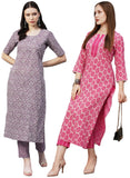 Anni Designer Women'S Cotton Blend Printed Straight Kurta With Pant Pack Of 2 (Cmb-Batakli-Purple-Puram Pink_Xxl_Multi_Xx-Large),Multicolour,2XL