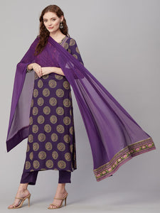 Gosriki Women'S Cotton Blend Printed Straight Kurta With Pant & Dupatta (Nov-Violet-Gs_M_Violet_Medium),Violet,,B0C9TXHYT8