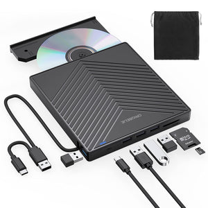 ORIGBELIE External CD DVD Drive, Ultra Slim CD Burner USB 3.0 with 4 USB Ports and 2 TF/SD Card Slots, Optical Disk Drive for La