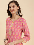Rangita Pink Rayon Knee Length Printed Straight Kurti For Women | Kurta For Women_Xl Pink Xl 642225855400G