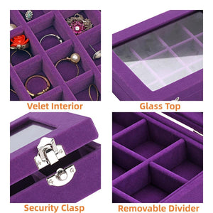 Ivosmart 24 Section Velvet Glass Jewelry Ring Display Organiser Box Tray Holder Earrings Storage Case (Purple)