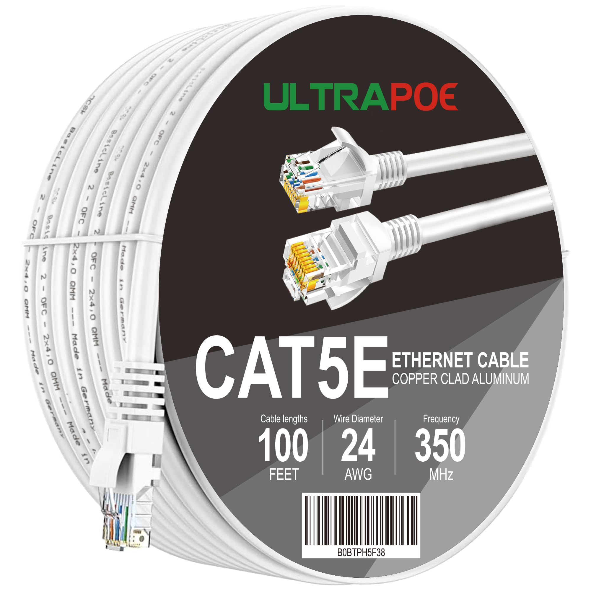 UltraPoE Cat5e Outdoor Ethernet Cable 100ft cat 5e Network Cable, RJ45 cat5 ethernet Cable Cord White, 350MHZ / Gigabit Network 