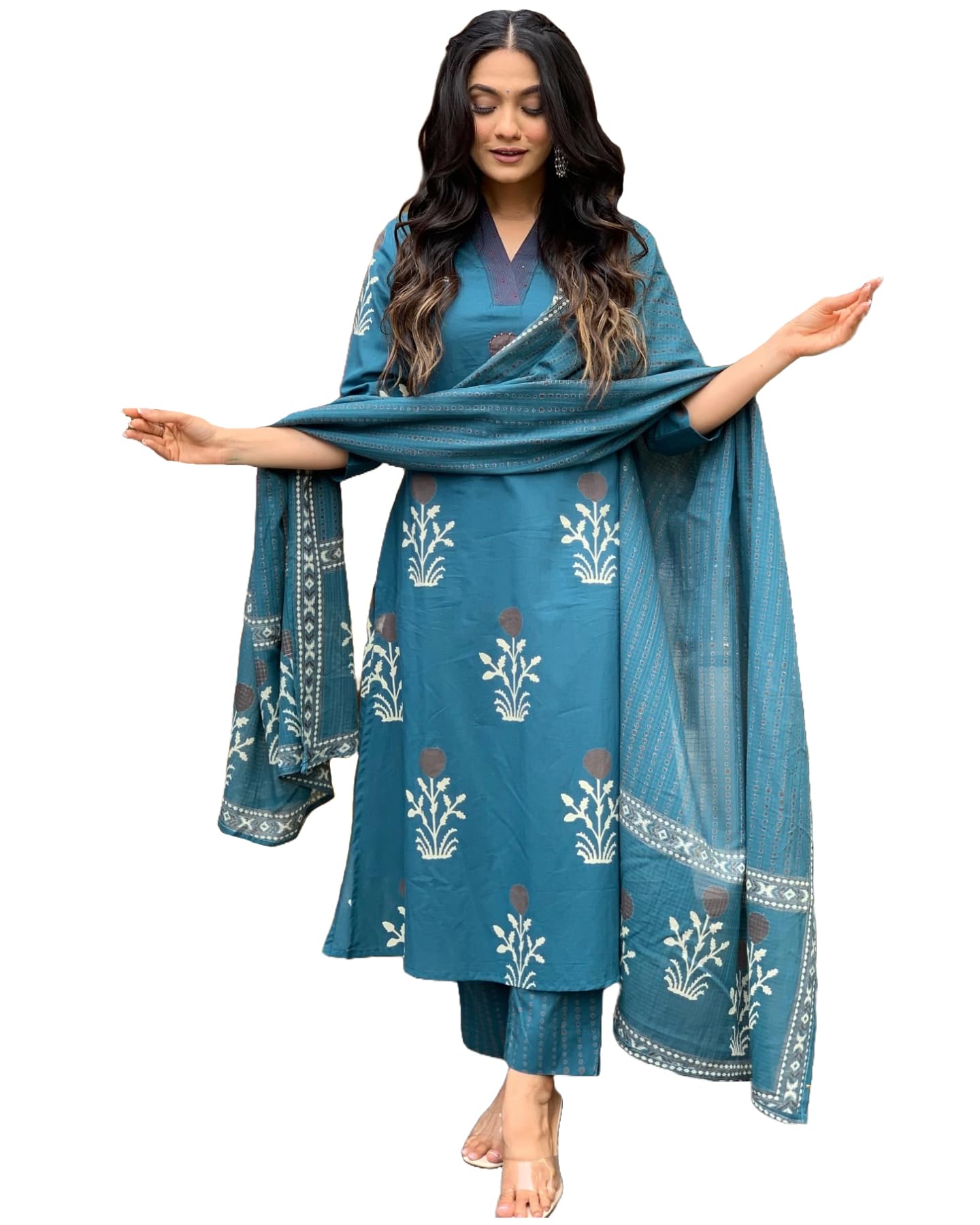 Anni Designer Women'S Rayon Blend Straight Printed Kurta With Pant & Dupatta (Jimny Blue-Vks01_M_Blue_Medium),Blue,M
