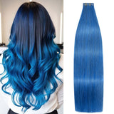 Aison Tape in Hair Extensions Blue 100% Remy 22 Inch Human Hair Extensions Silky Straight for Fashion Women 20 Pcs/Package(22Inc