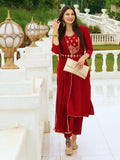 Anni Designer Women'S Cotton Blend Embroidered Straight Kurta With Pant & Dupatta (Bgm Maroon_Xxl_Maroon_Xx-Large),Maroon,2XL,,,