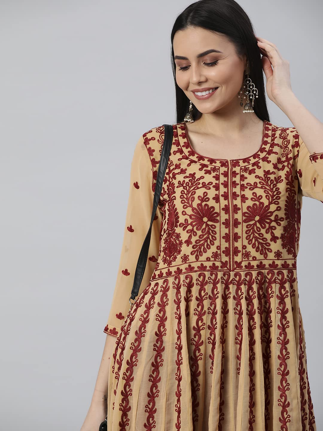 Anni Designer Women'S Georgette Chikankari Embroidered Anarkali Kurti (Kari-Beige-Sm_Xxl_Beige_Xx-Large),Beige,2XL,Georgette,Anarkali,