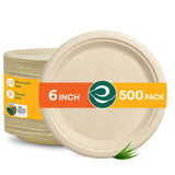 ECO SOUL 100% Compostable 6 Inch Small Paper Plates 500 [4x125 Pc] Disposable Bulk Party Heavy Duty, Eco-Friendly, Appetizer, De