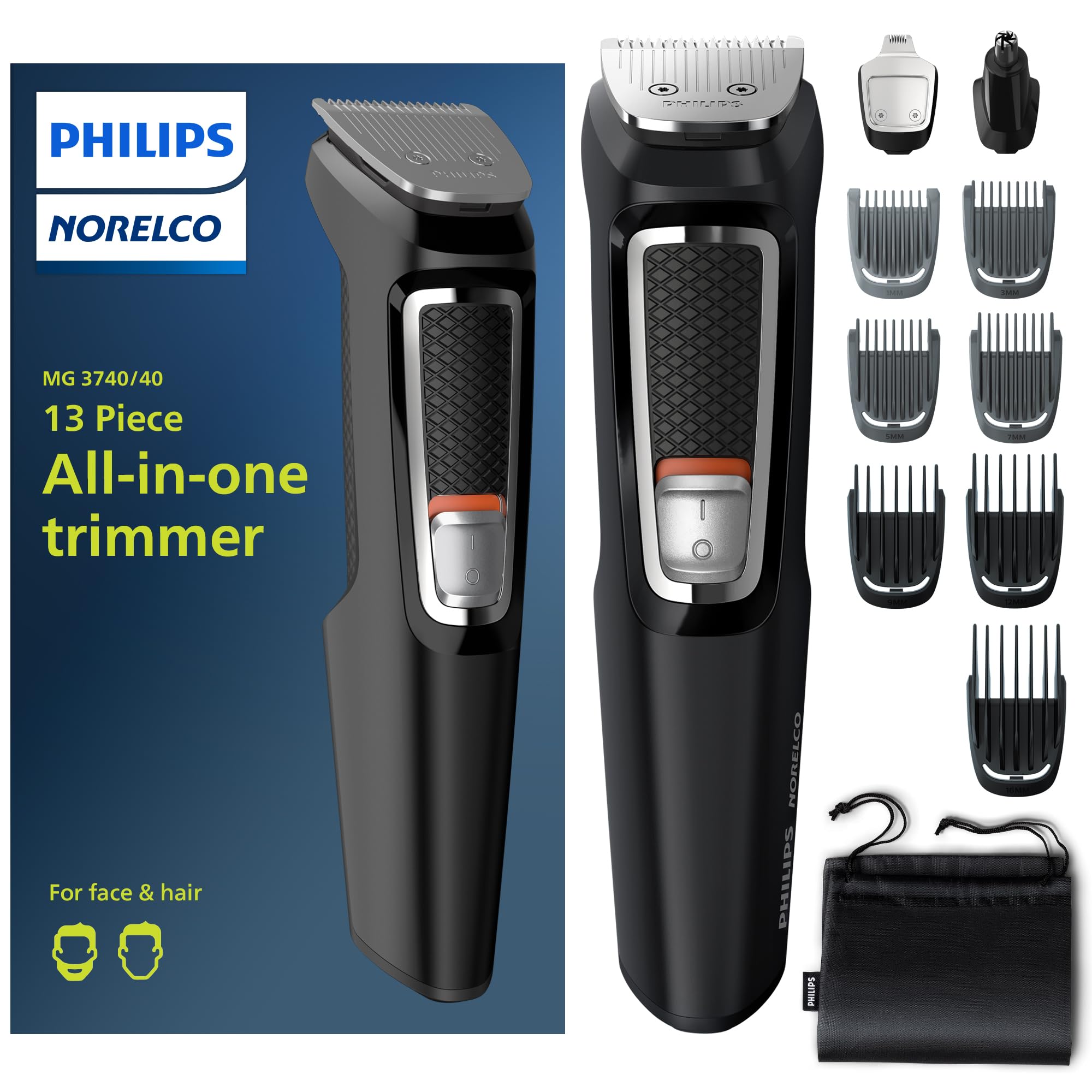 Philips Norelco Multi Groomer - 13 Piece Mens Grooming Kit For Beard, Face, Nose, And Ear Hair Trimmer And Hair Clipper - No Blade Oil Needed, Mg3740/40,Beard & Mustache Trimmers