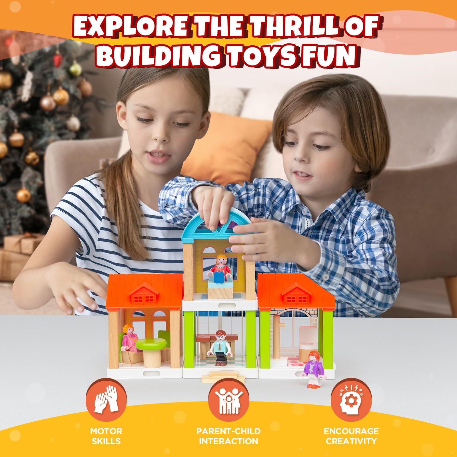 42-Piece Small Wooden Dollhouse Set, 4-Room Family Toy House with 4 Movable Dolls, DIY Doll House Furniture Accessories, Birthda