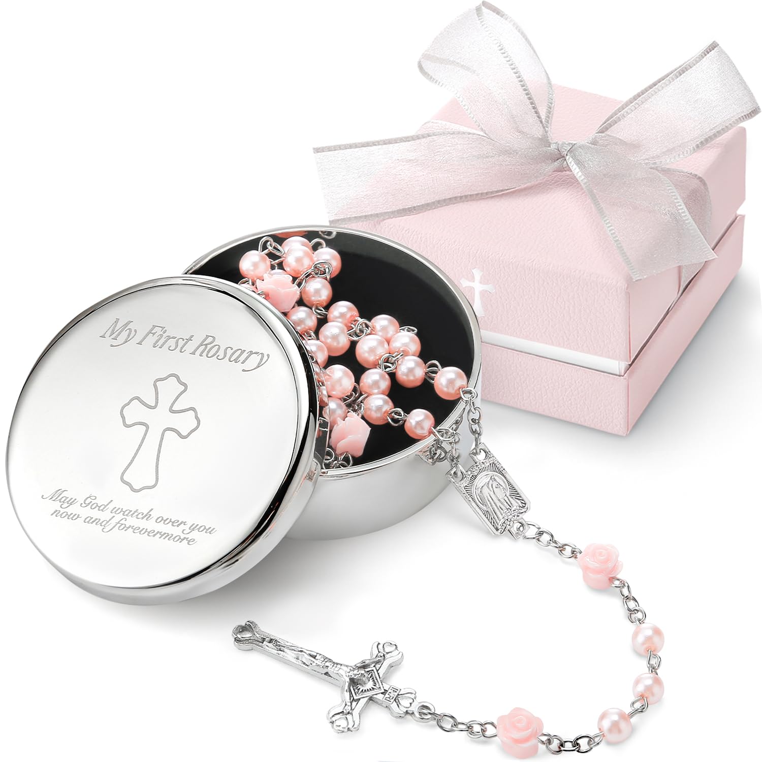 Baptism Gifts for Girl - My First Rosary with Silver-Plated Keepsake Box, Catholic Christening Gift Set, Pink Rosary for Kids, B