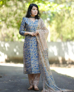 Gosriki Women'S Cotton Blend Straight Printed Kurta With Pant & Dupatta (Moringa Blue-Gs_4Xl_Blue_Xxxx-Large),Blue,4,B0D73XXDXD
