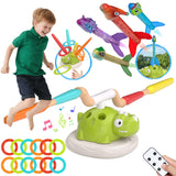 Indoor Outdoor Games for Kids, 3 in 1 Musical Jump, Ring Toss Game & Stomping Rocket Launcher for Kids, Dinosaur Sports & Outsid