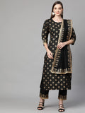 Gosriki Women'S Cotton Straight Kurta With Pant & Dupatta (Kptd-Cot-10079-Black_S-Go_Black_Small),Black,,B09NVNZ3B3