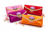 Premium Lotus Designer Satin Clutch Combo (Pack of 4) Festive Envelope Style Hand Purses with Golden Coin Lace & Pearl Tassel,