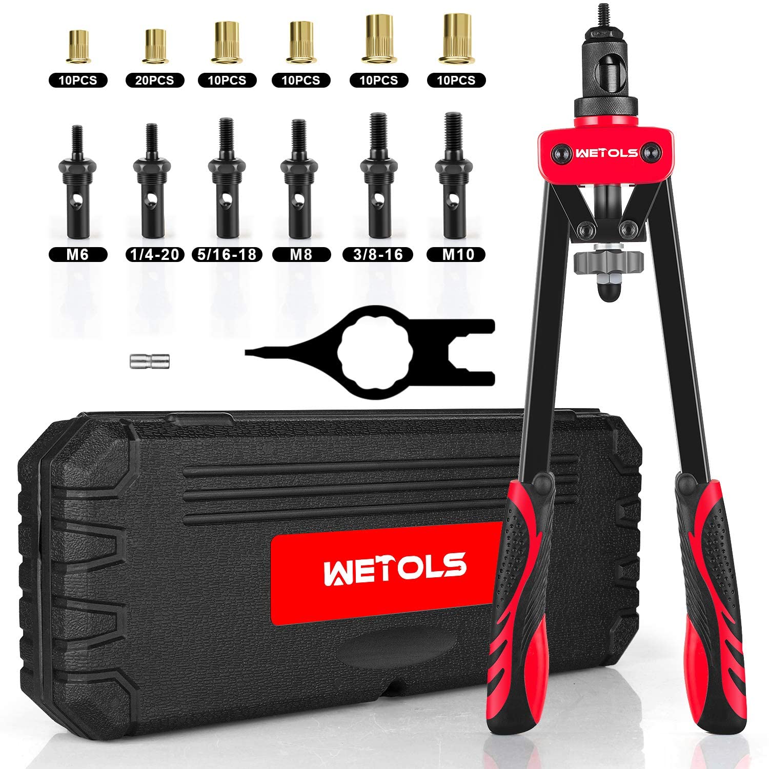 Wetols Rivet Nut Tool, Hand Rivet With 7 Metric & Inch Mandrels M6 M8 M10, 1/4-20, 5/16-18, 3/8-16, 70Pcs Rivnuts And Blow Carry
