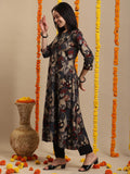 Anni Designer Women'S Rayon Blend Straight Fit Anarkali Printed Kurta With Pant (Allgood Black_S_Black_Small),Black,S,Rayon Blend,Anarkali,