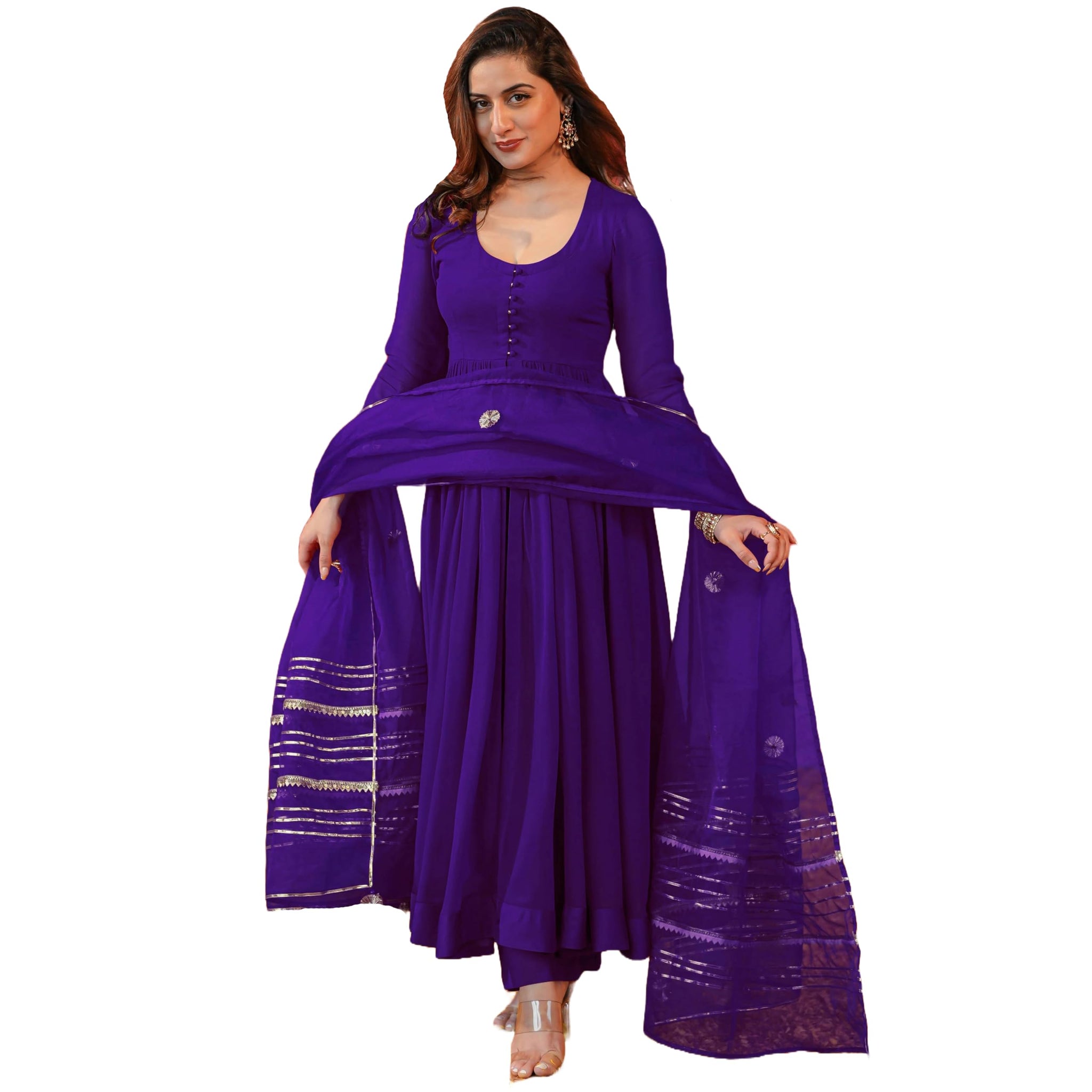 Gosriki Women'S Rayon Blend Anarkali Solid Kurta With Pant & Dupatta (Jaynti Begani-Vks01-Gs_S_Begani_Small),Begani,,B0DGQT2S4H